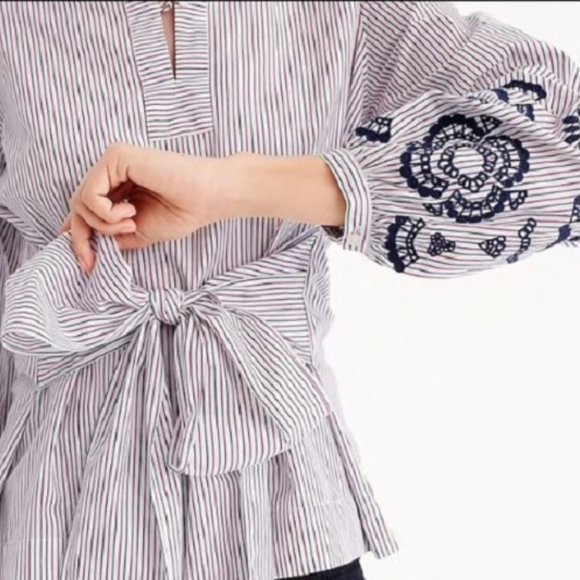 J.Crew Embroidered Tie-Front Striped Tunic Top - Picture 4 of 7